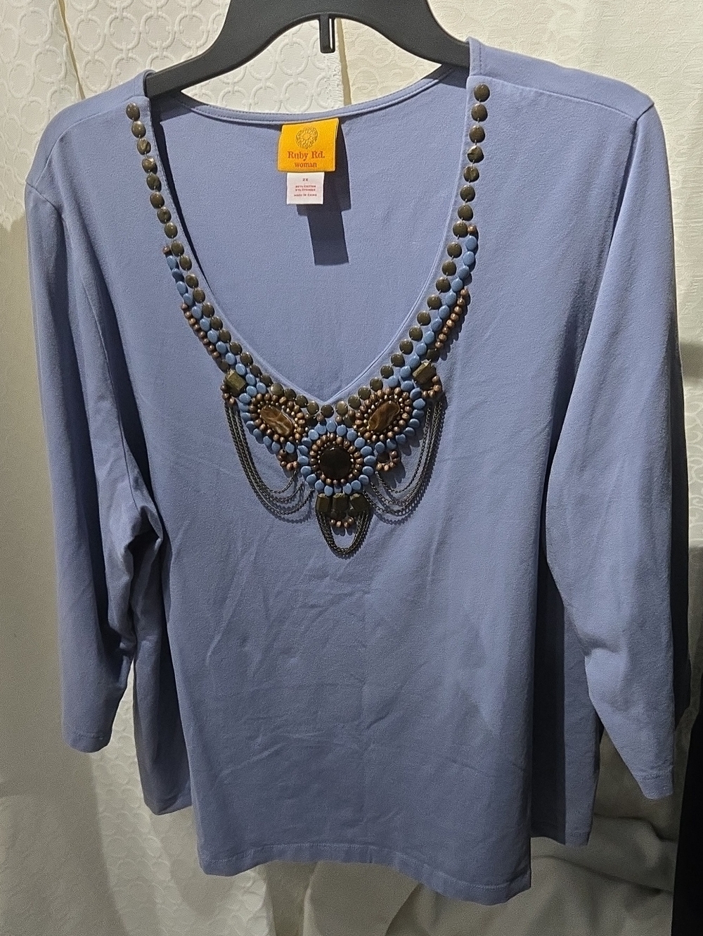 Ruby Rd. Periwinkle Blue Embellished V-Neck Long Sleeve Top